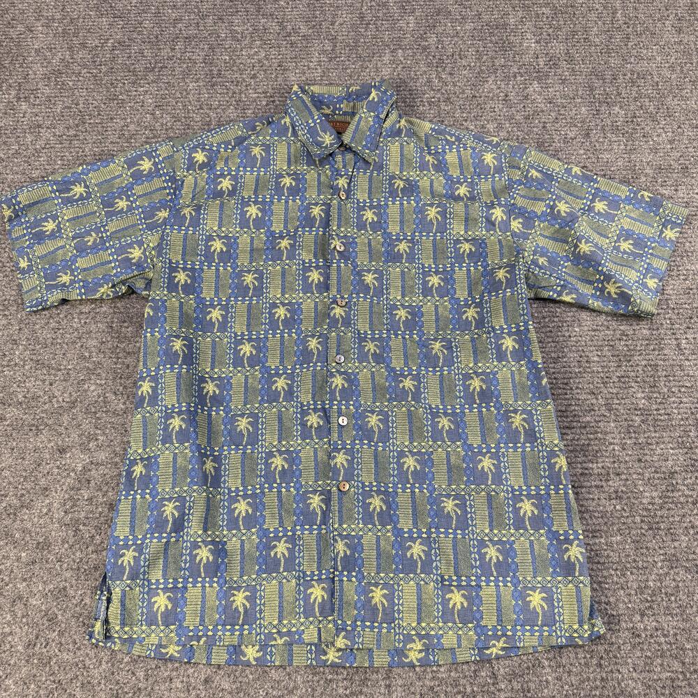Tori Richard Shirt Mens Small Blue Green Hawaiian Aloha Palm Tree Made USA